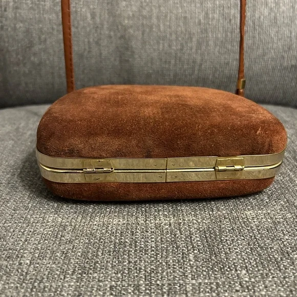 Brown Suede Crossbody Bag with clasp closure & gold hardware - Picture 5 of 11